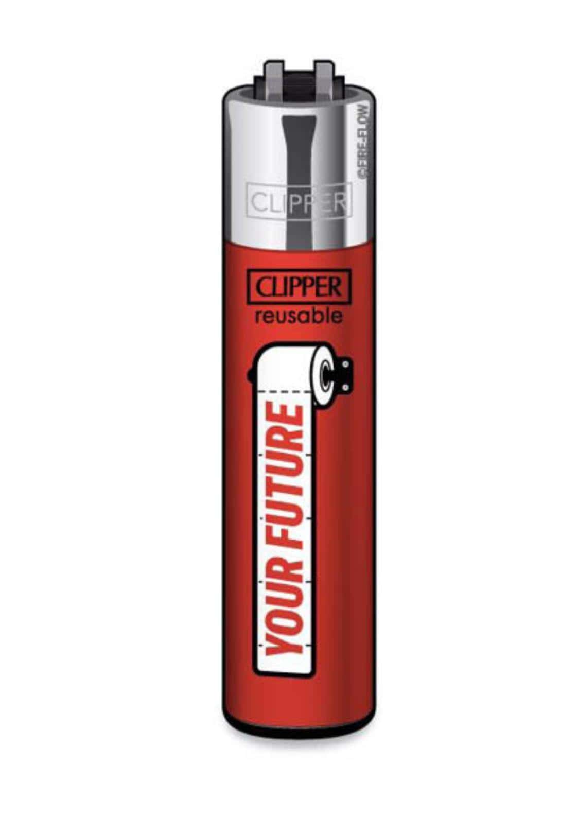Rotes und silbernes nachfüllbares clipper-feuerzeug mit soft-touch-oberfläche und toilettenpapier-design your future