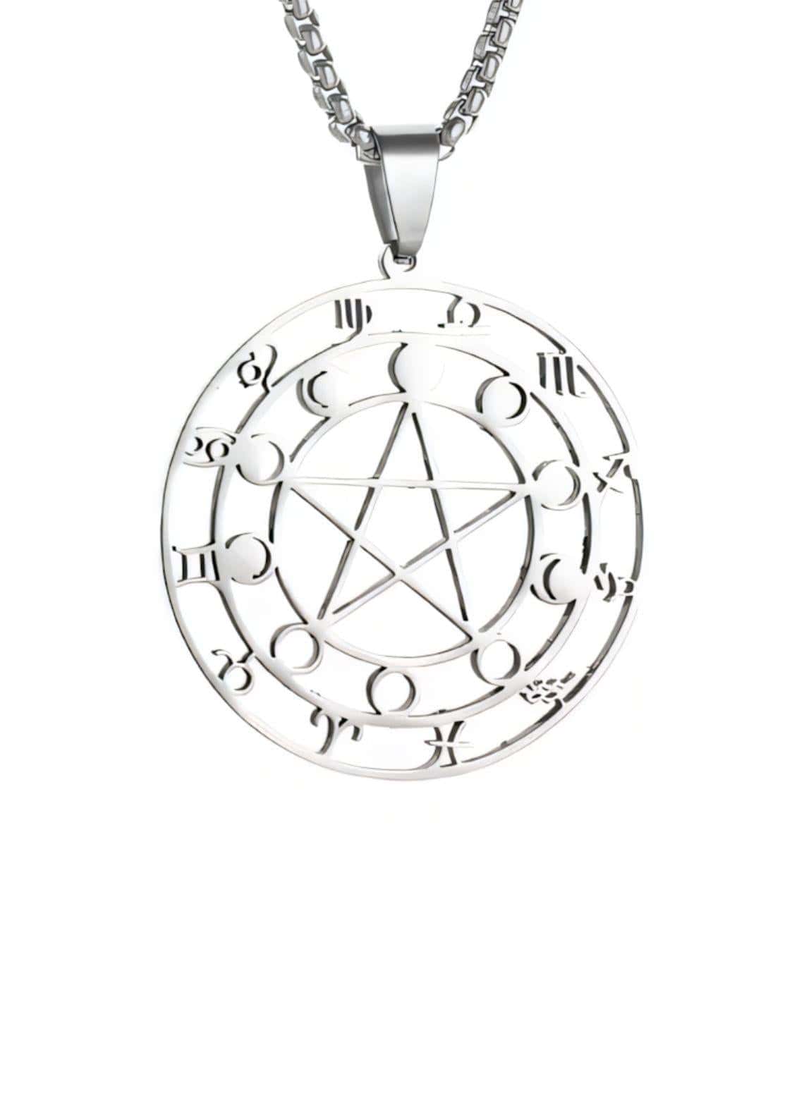 Silberfarbene zodiac pentagram halskette mit zentralem pentagramm und umliegenden sternzeichen sowie mondphasen