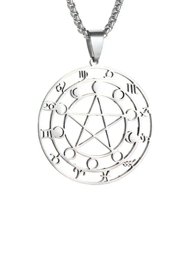 Silberfarbene zodiac pentagram halskette mit zentralem pentagramm und umliegenden sternzeichen sowie mondphasen