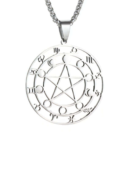 Silberfarbene zodiac pentagram halskette mit zentralem pentagramm und umliegenden sternzeichen sowie mondphasen