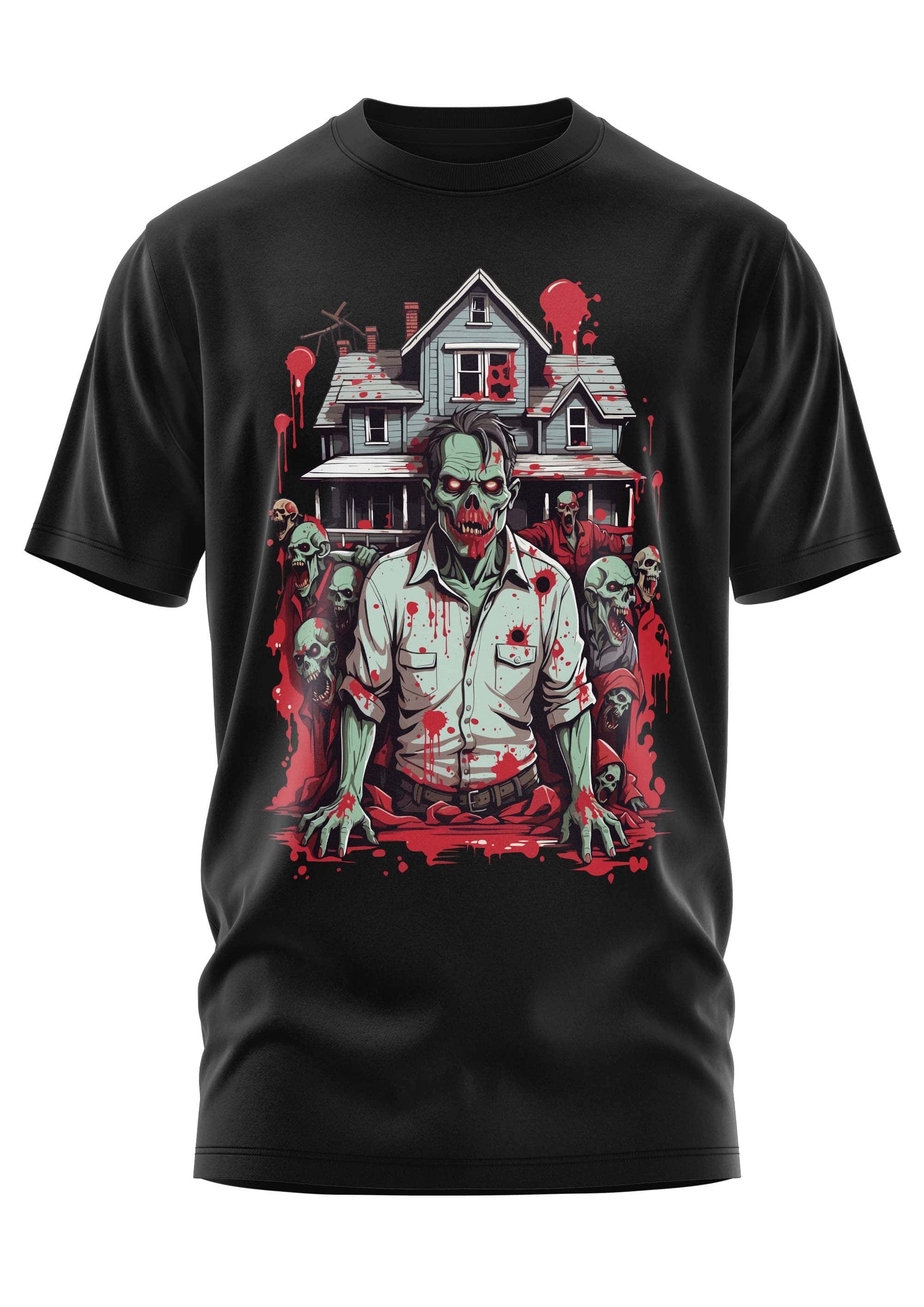 Schwarzes kurzes t-shirt mit gothic zombie grafik vor haus und rotem splatter für horror fans