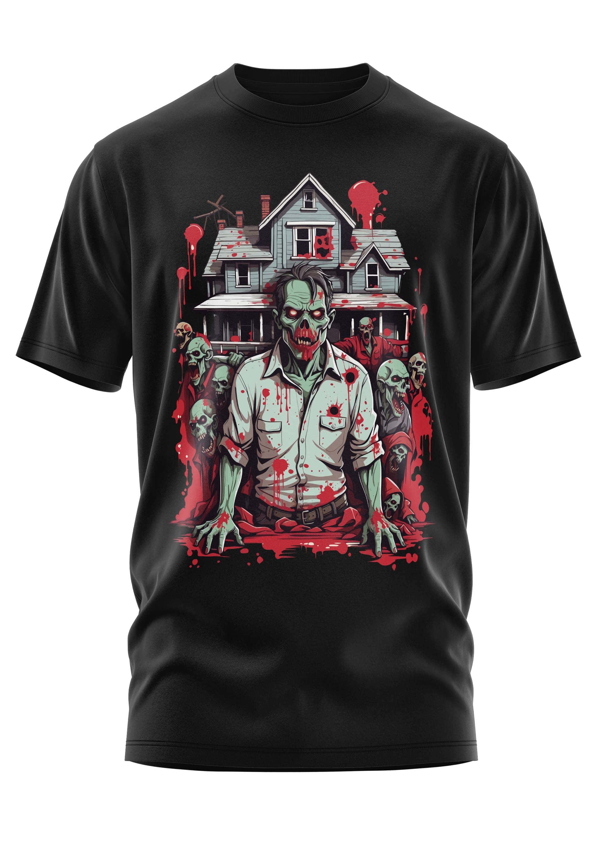 Schwarzes kurzes t-shirt mit gothic zombie grafik vor haus und rotem splatter für horror fans