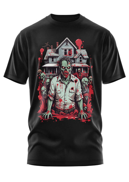 Schwarzes kurzes t-shirt mit gothic zombie grafik vor haus und rotem splatter für horror fans