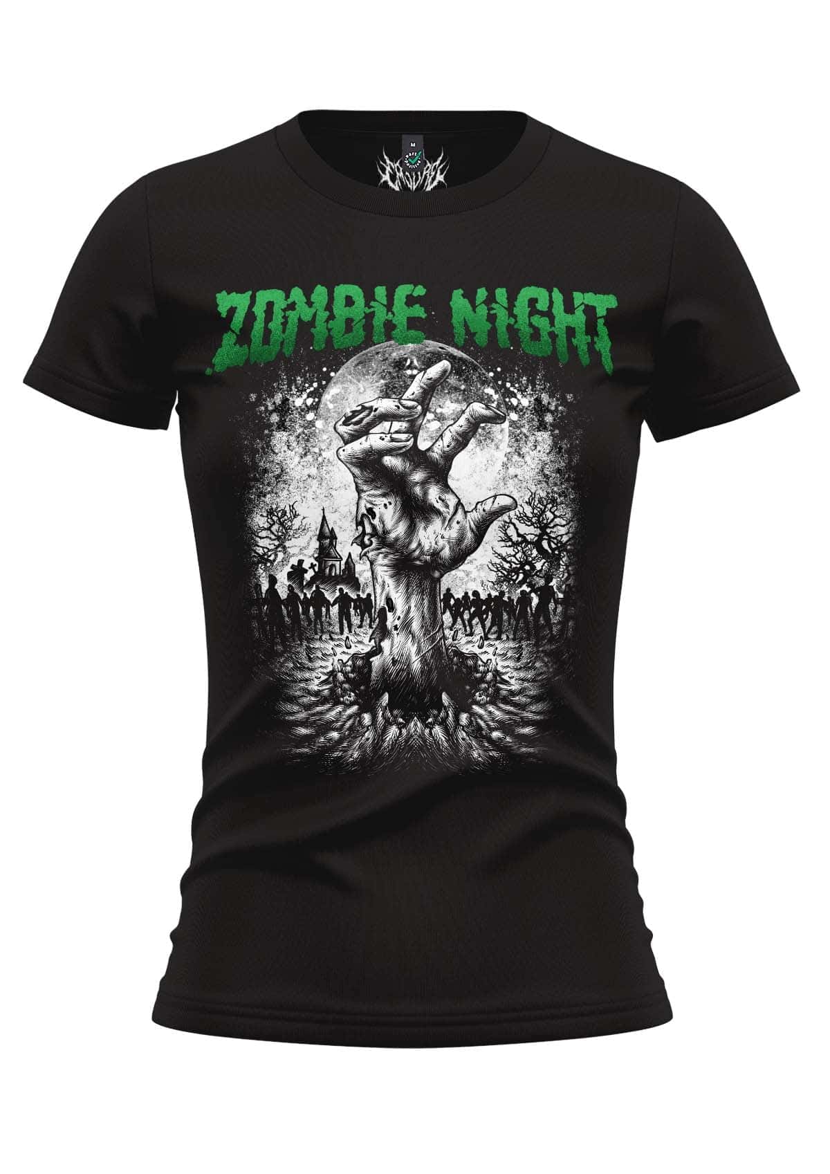 Schwarzes Damen-T-Shirt mit einem detaillierten Zombie-Themen-Grafik mit grünem ’zombie night’-Text und einer Illustration einer Hand, die aus dem Boden auf ein mondbeschienenes Friedhof zu greift.