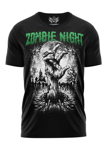 Schweres unisex t-shirt mit zombie night grafik schwarz aus strapazierfähigem stoff mit zombi hand und mond