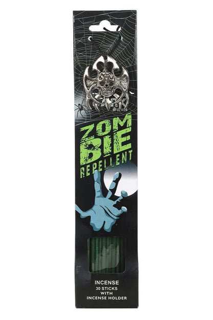Zombie repellent incense sticks mit silbernem schädelmotiv in schwarzer und grüner verpackung mit halter und drachenblut duft