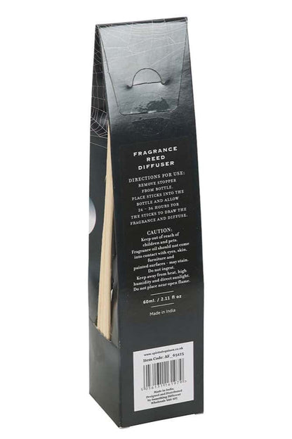 Schwarze rechteckige verpackung für zombie repellent reed diffuser mit weißem text und klarem fenster für holzstäbchen