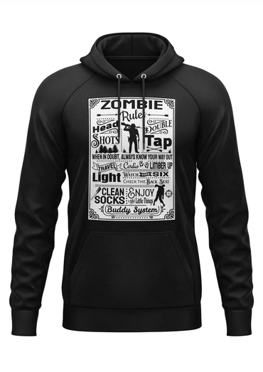 Schwarzer hoodie mit weißem zombie-themen grafikdesign und text in gothic horror stil zombie rules hoodie