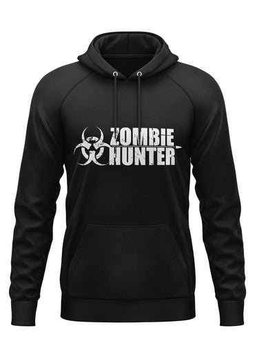 Schwarzer hoodie mit weißem zombie hunter grafik und biohazard symbol im gothic horror stil