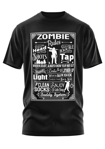 Schwarzes baumwollshirt mit weißem zombie-themed gothic grafikdesign und horror text zombie rules shirt