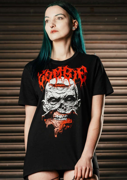 Schwarzes gothic horror t-shirt mit zombie-schädel grafik und rotem dripping-text zombie white shirt
