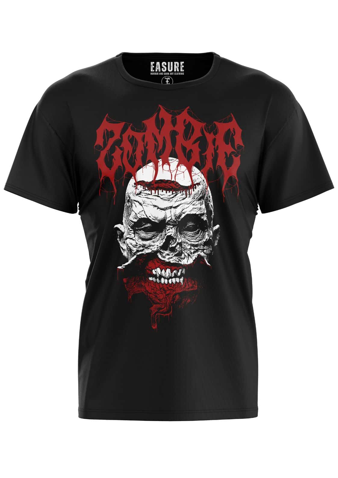 Schwarzes kurzarm-shirt mit zombie-schädel-grafik und rotem gothic horror-text zombie white shirt